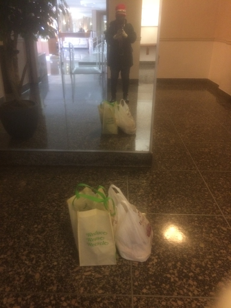 Grocery bags inside an apartment foyer